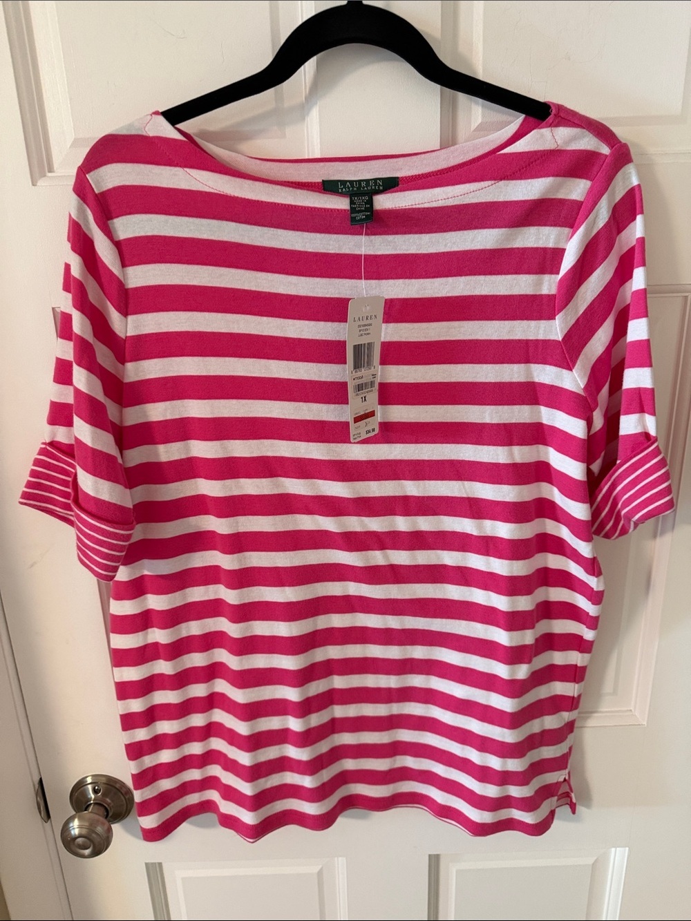 NWT Lauren Ralph Lauren Pink and White Striped Boatneck Top Preppy Coastal 1X